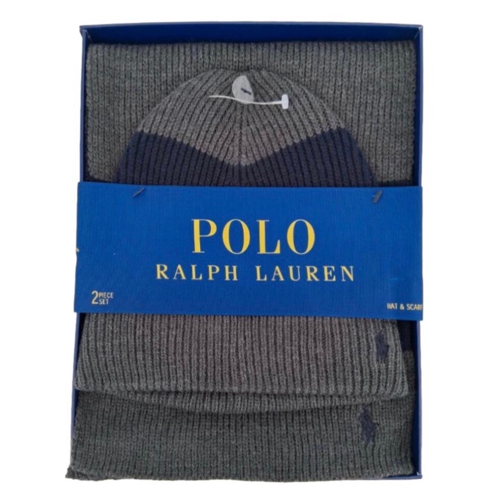 RALPH LAUREN POLO Gray Knit Hat & Scarf Set with Navy Blue Stripe NWT
